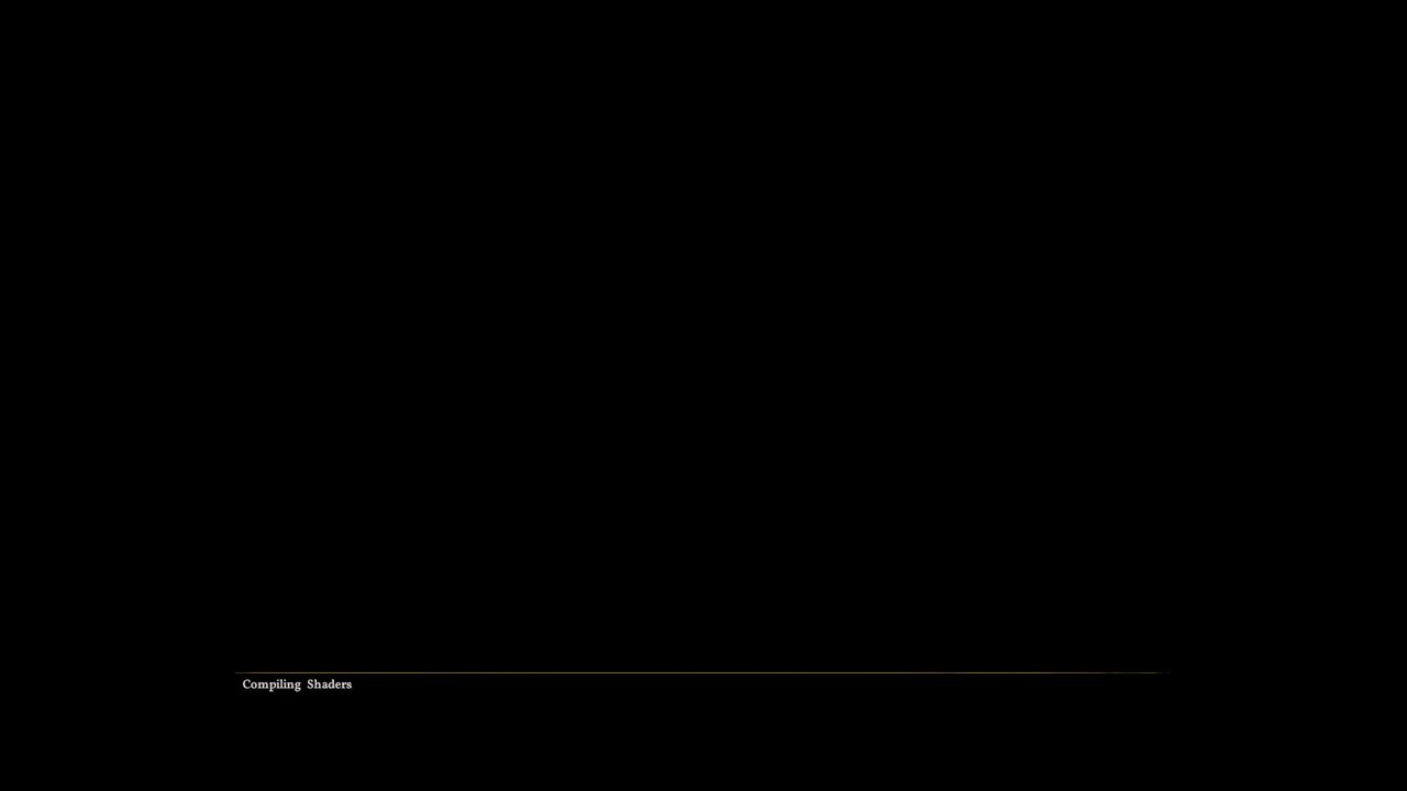 A black frame with a faint grey wedge: the Compiling Shaders screen, where the game hung indefinitely.
